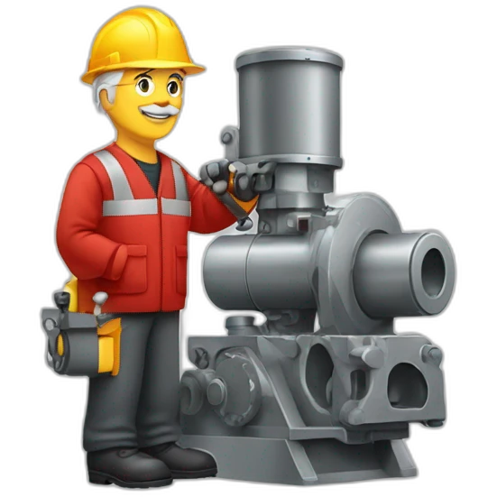 Industrial professional senior mechanical assembler working on the assembly of heavy machinery with a red outfit emoji