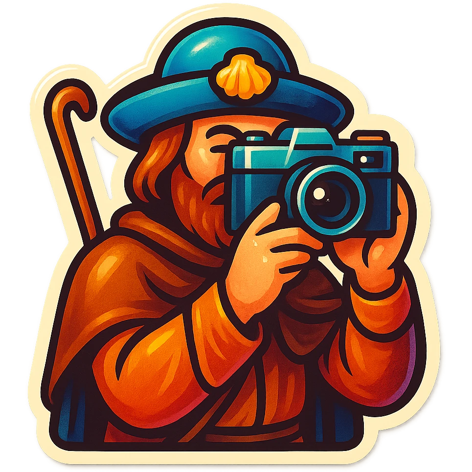 medieval pilgrim snapping a picture emoji
