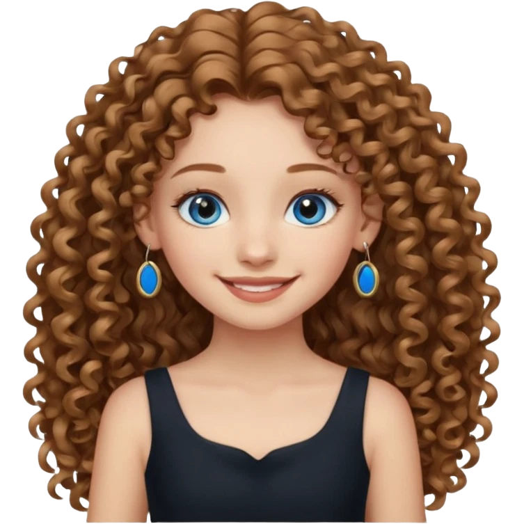 Girl with long light brown curly hair, blue eyes, black dress, hoops earrings. emoji
