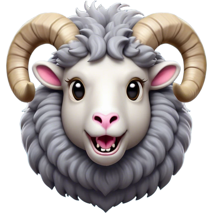 Cinematic Comical Ram Portrait Emoji, Head tilted dramatically with an exaggeratedly amused expression, featuring a striking woolly grey fur with impressively curled horns, wide, expressive dark eyes filled with playful disbelief, Simplified yet hilariously expressive features, highly detailed, glowing with a slightly sassy glow, high shine, dramatic yet playful, stylized with an air of cheeky mischief, bright and endearing, soft glowing outline, capturing the essence of a spirited and over-the-top ram, so meme-worthy it feels like it could butt its way into internet fame instantly! emoji