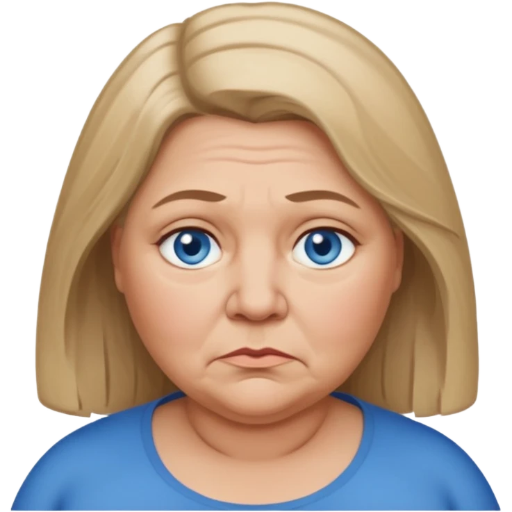 Head image of older very fat dark blonde woman with shoulder length hair and blue eyes. Neutral expression bordering on sad. emoji