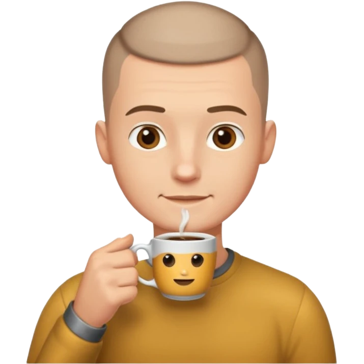 a white short guy with a buzz cut drinking a cup of coffee emoji