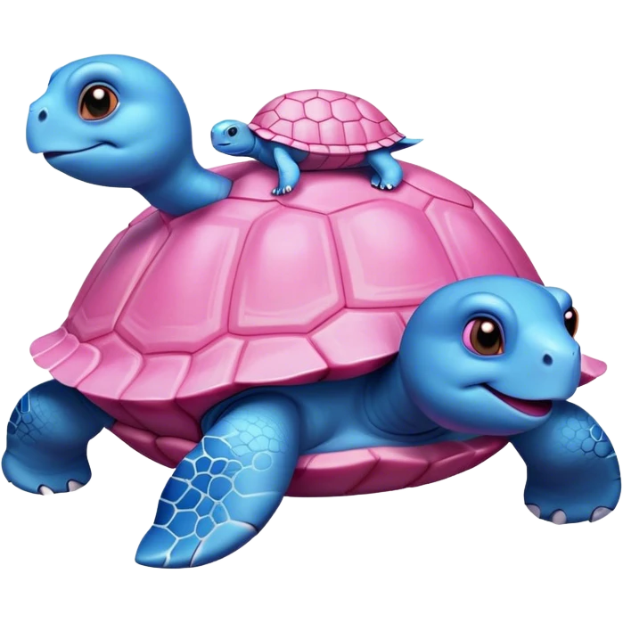A blue turtle on top of a pink turtle emoji