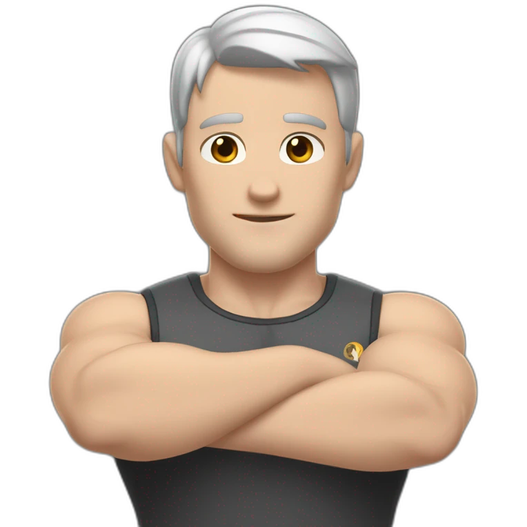 Close up Actively gesturing  with hands Pale skinned Fit Man With the biceps and brown hair in dark gray Sleeveless Mike, black oversize sports shorts, watch and white Sneakers emoji