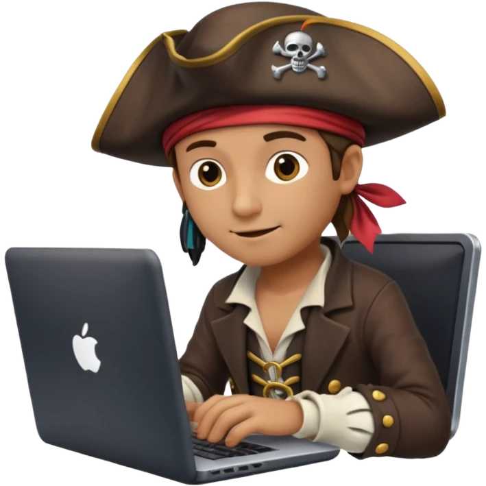 pirate dressed as a programmer, with a laptop, coding, playful and clever expression, modern pirate hat, tech gadgets emoji