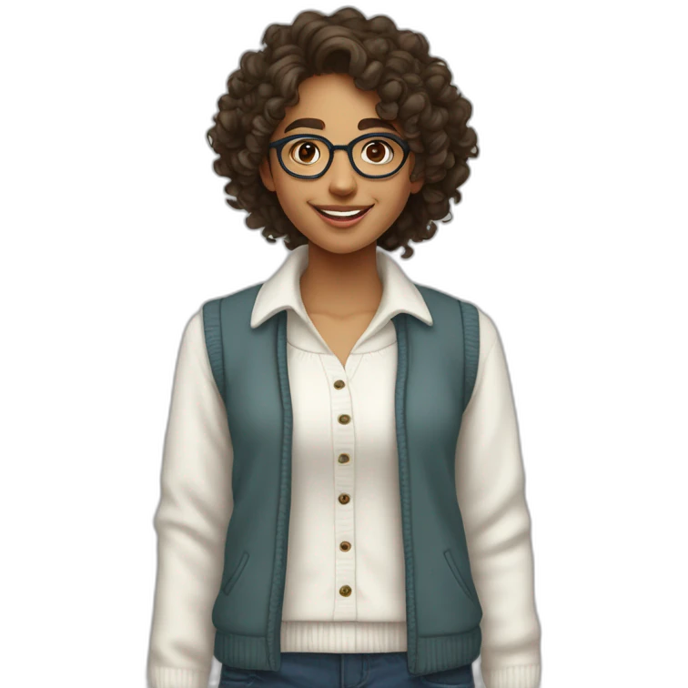 smiling indian teenage girl with curly hair and glasses wearing a collared long sleeve white shirt under a white sweatervest emoji