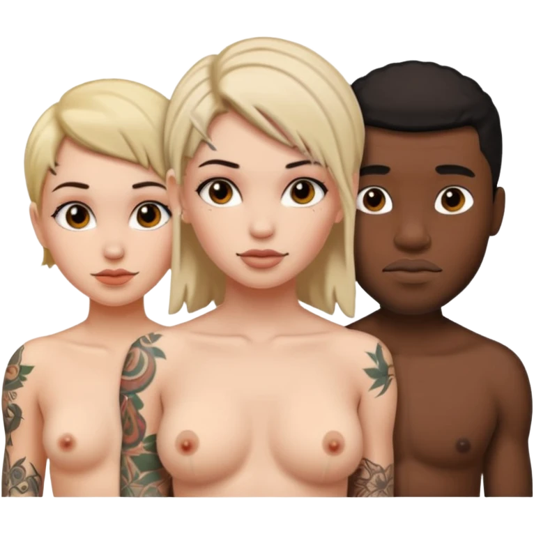 naked tattoed female, 2 black males emoji