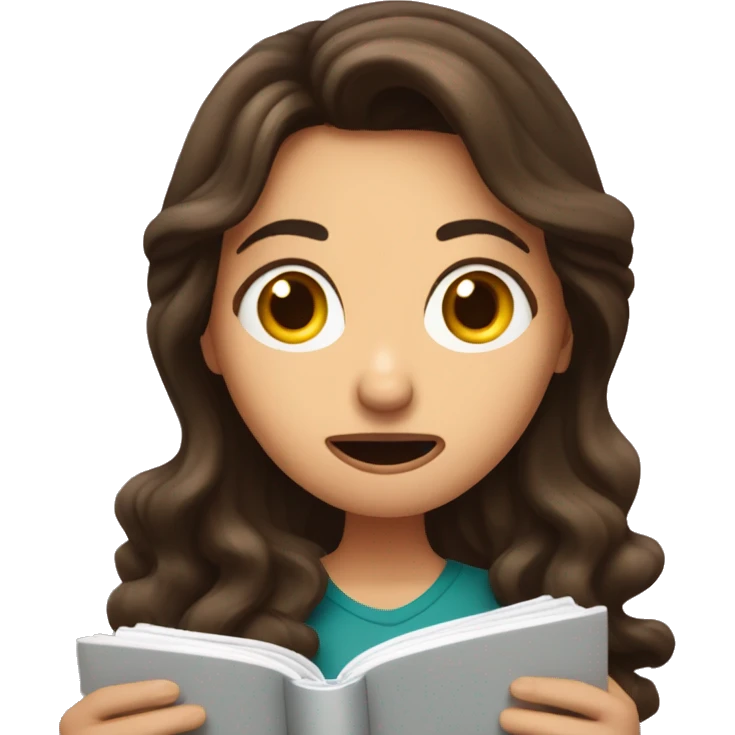 brunette long wavy hair woman shocked face while holding and reading book emoji