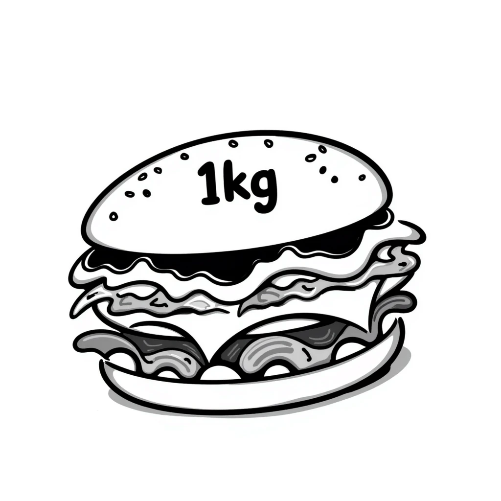 fun doodle of a huge sandwich with '1kg' in a playful, cursive font emoji