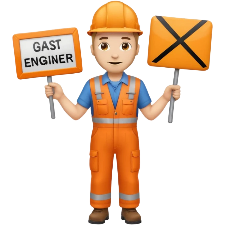 emoji style railway engineer full body in orange overalls, holding a sign in front of their chest emoji