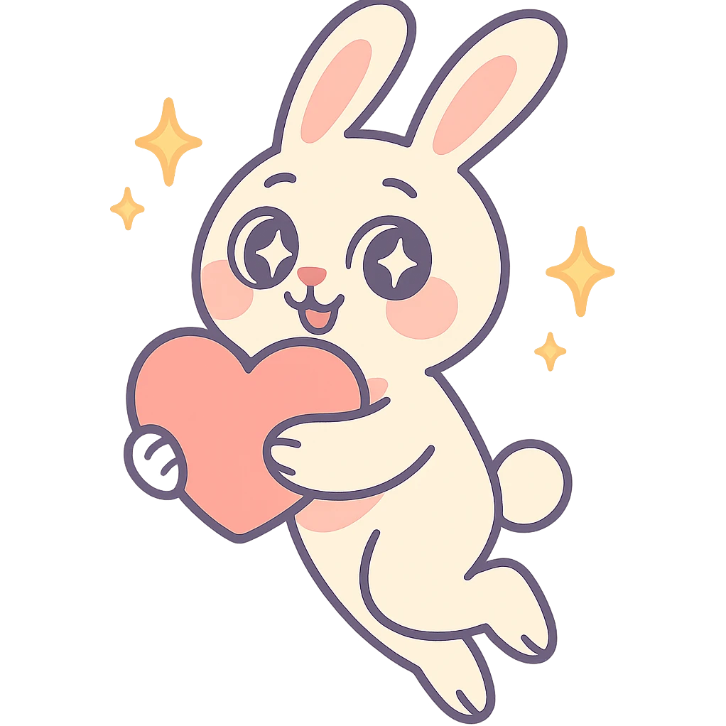 full-body milky white bunny with sparkling eyes, holding a big heart, sparkles floating around, dreamy pose, pastel toon style emoji