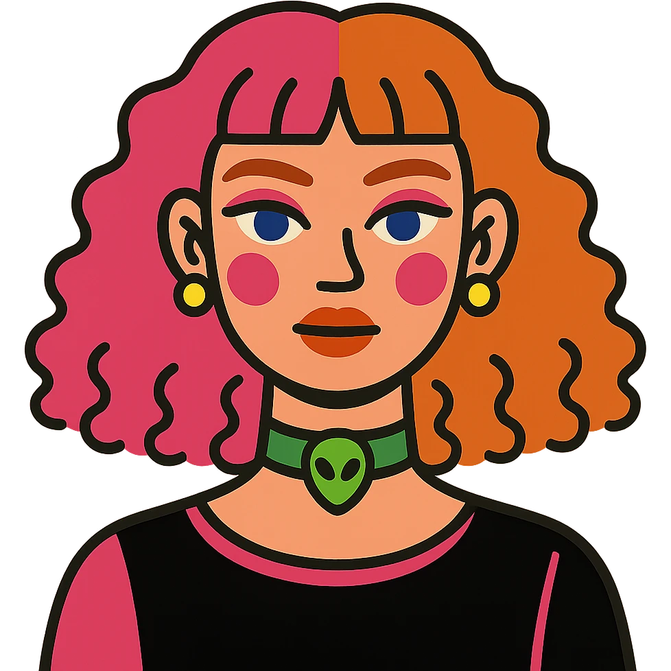 girl with blue eyes, pink makeup, narrow eyebrows, earrings, green alien head choker, black and pink blouse, curly hair to shoulders, hair half hot pink and half ginger, short straight baby bangs emoji
