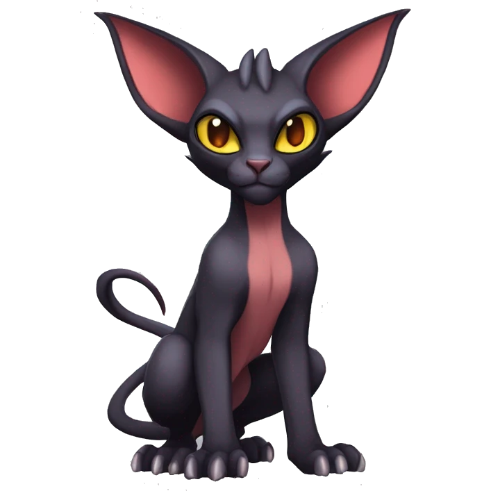 Black cool vampiric Noivern-Litten-Sphynx-Lykoi-Caracal-Fakemon with big bat ears full-body emoji