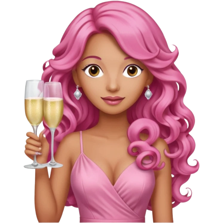 One lady with long pink curled hair and tan skin holding two pink champagne glasses emoji