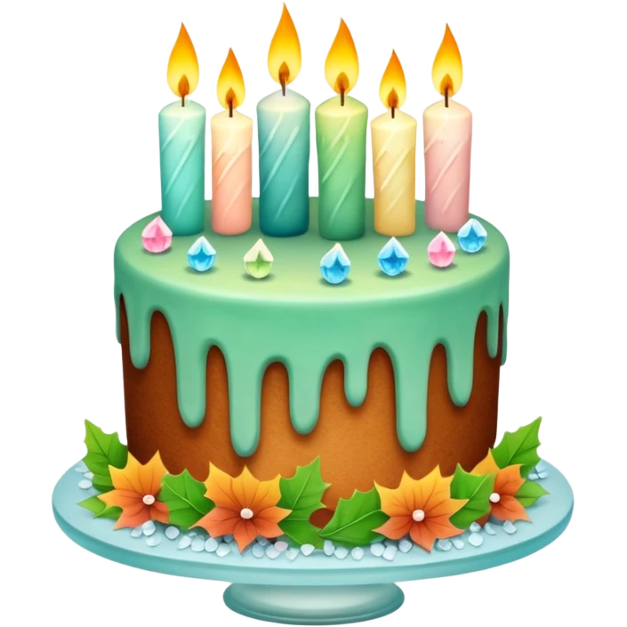fall cake adorned with overflowing raw pastel crystals, leaves and candles emoji