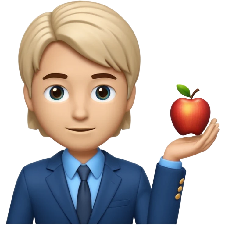 Emoji 3D estilo Apple de um jovem com pele clara, cabelo castanho claro, olhos castanho escuro, barba rala, sorrindo, de blazer elegante e brinco prateado. emoji