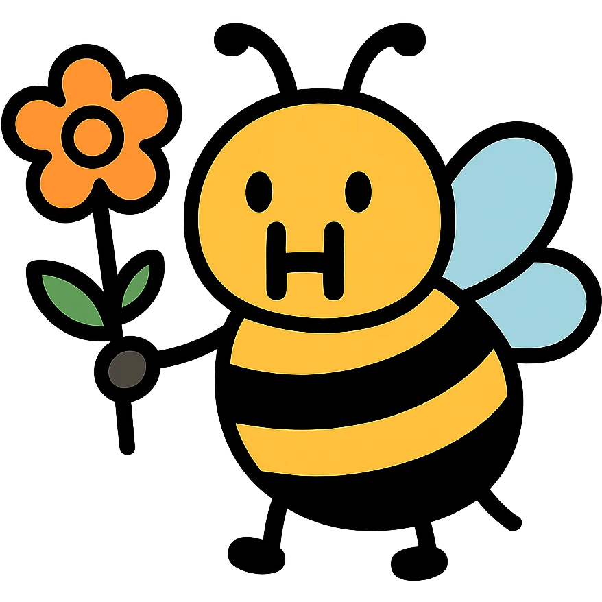 cartoonish bumblebee with the letter H holding a flower emoji