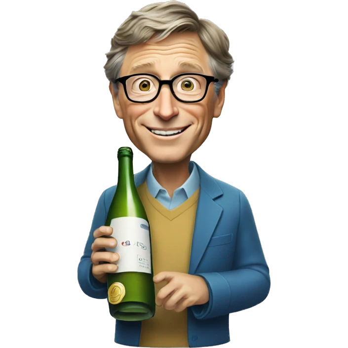 Bill Gates is holding a bottle of sparkling wine emoji