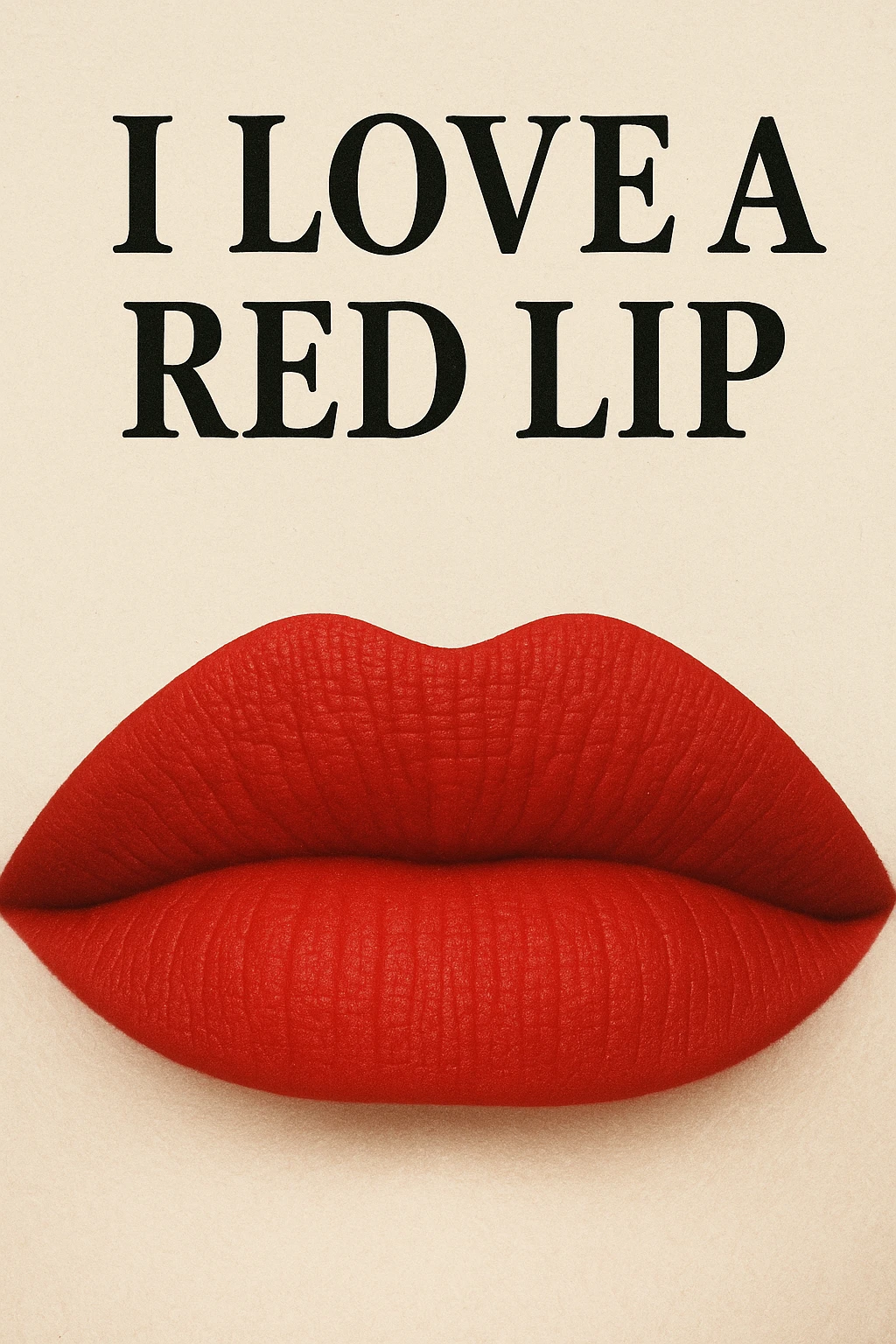 Replace the text with 'I love A Red Lip' while keeping the bold matte red lips and closed mouth style. Preserve the original font and layout. emoji