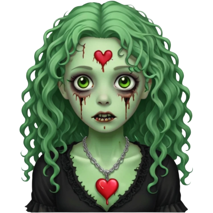 a green zombie girl with a scar on her face, long curly hair, wearing a black blouse and a silver necklace with a heart pendant. emoji