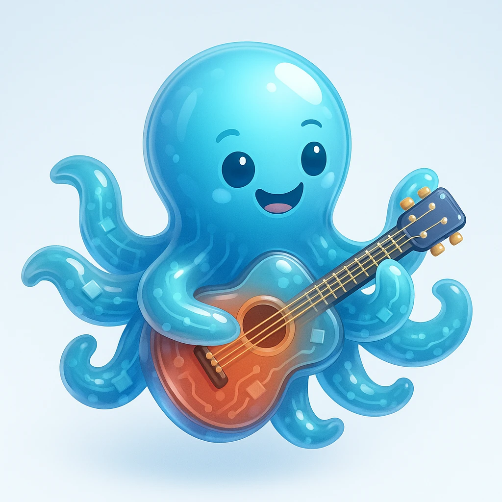 happy octopus with multiple arms playing guitar emoji