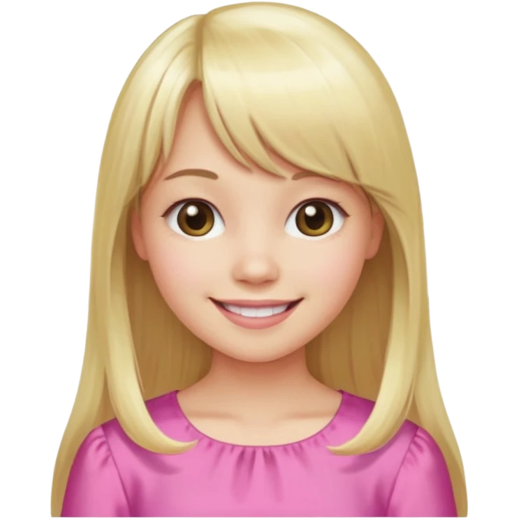 Menina branca de cabelo loiro longo de franja na testa sorrindo blusa rosa emoji