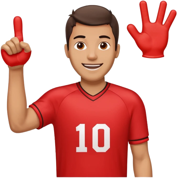 A cheerful man in a team jersey, waving a giant red foam finger high with an excited grin. emoji