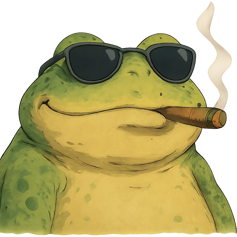 highly detailed frog wearing ray bans, looking very satisfied, smoking a cigar, in ghibli style emoji