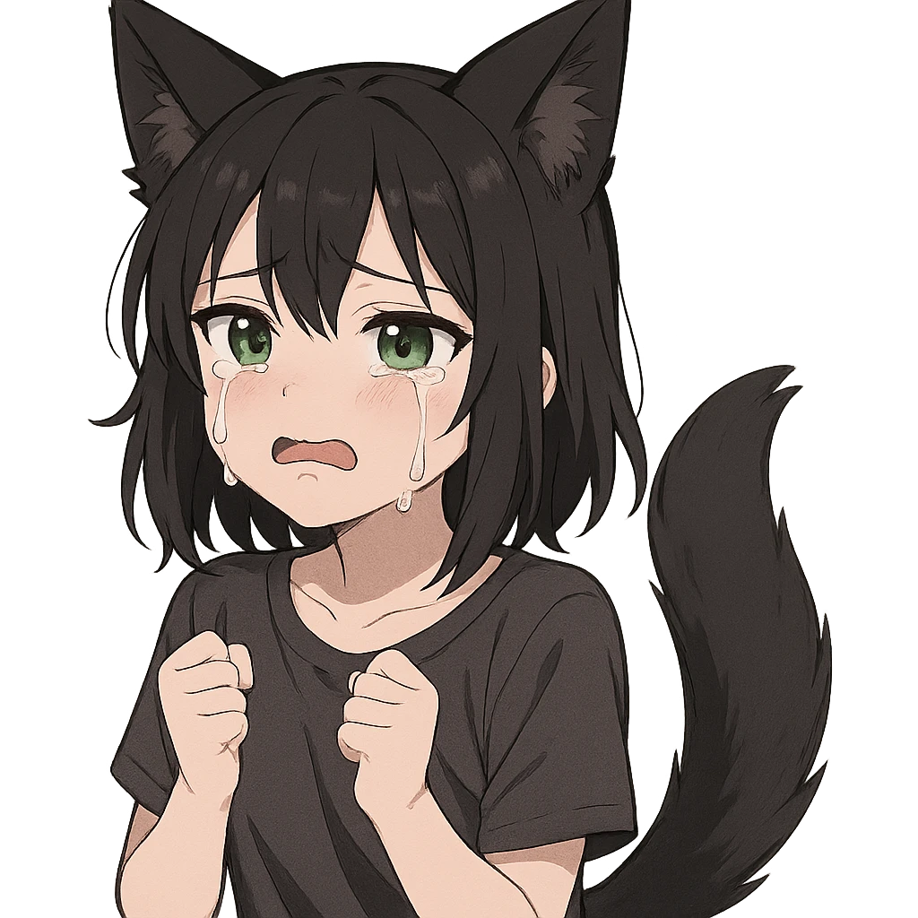 A girl with tears, black fox ears, and a tail, green eyes, dark hair emoji