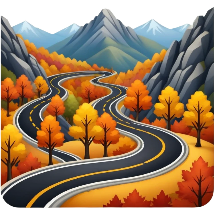 A winding black road through the mountains and autumn colored trees emoji