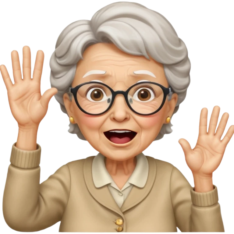 An old lady with big glasses, waving her arms while yelling encouragement. emoji