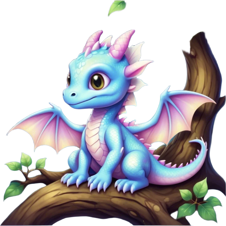 Airbrush painted image of an adorable little baby dragon with large glistening eyes sitting beside a tree under a deep galactic sky with pearlescent scales and wings spread against the stars emoji