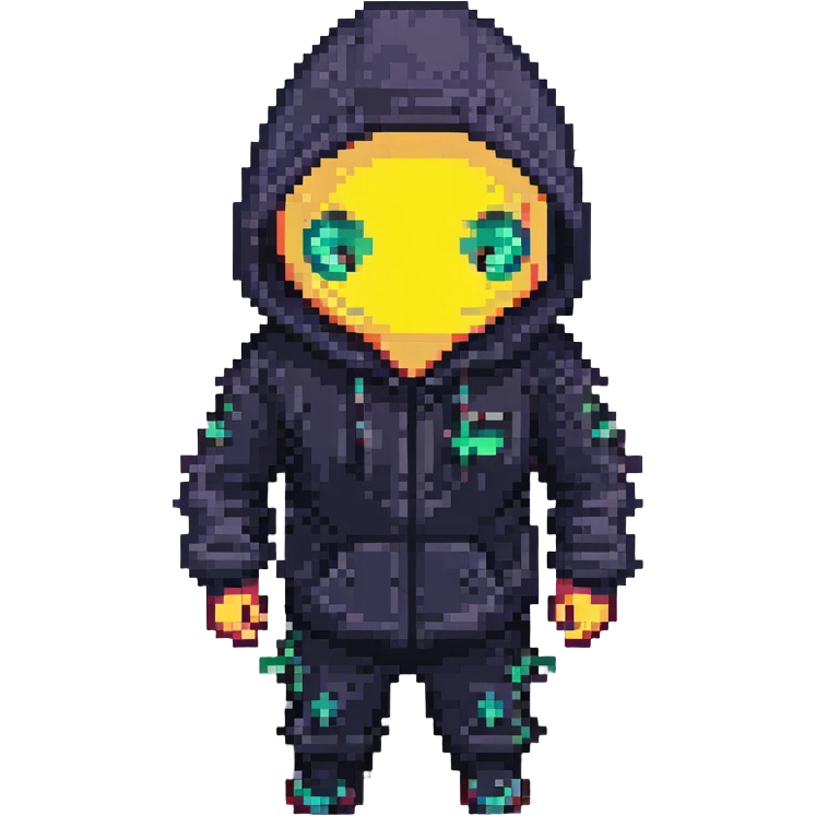 Pixelated hacker figure with hoodie and glowing eyes emoji