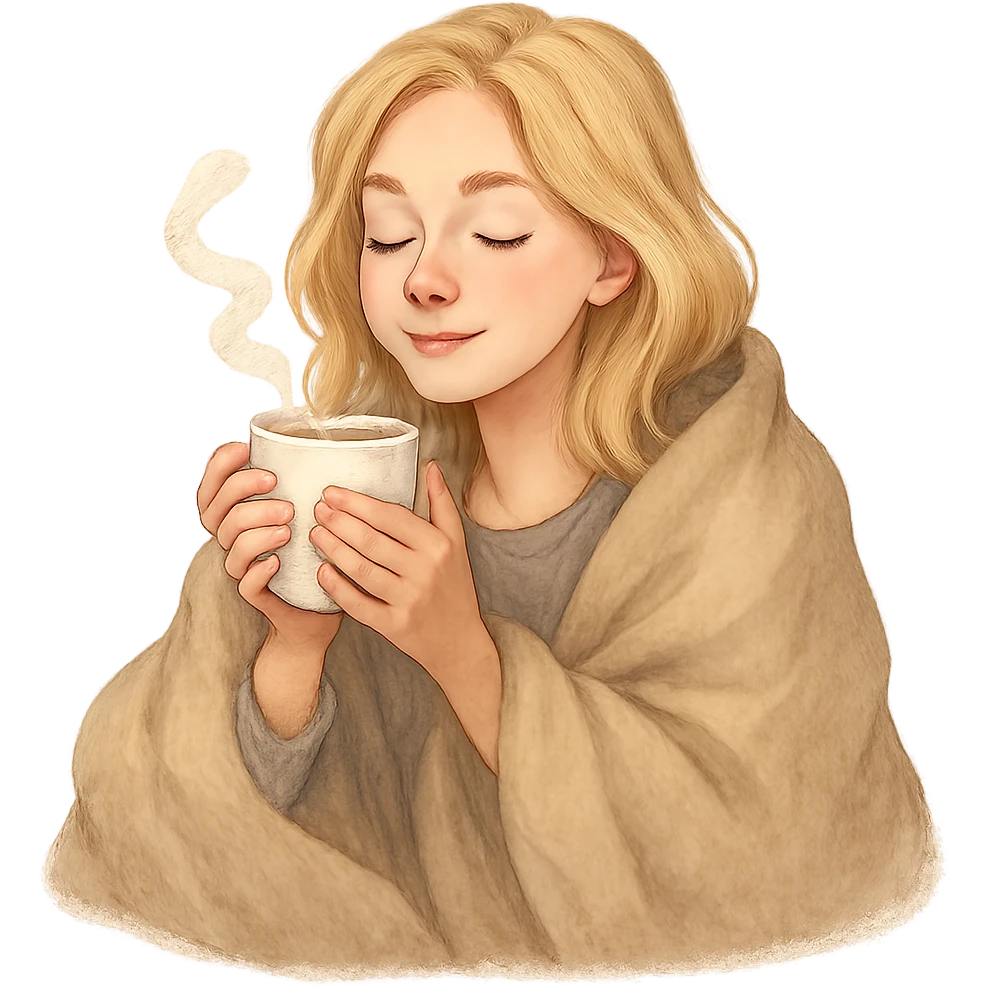 blonde girl snuggled in a blanket, drinking coffee, eyes closed, serene and content emoji