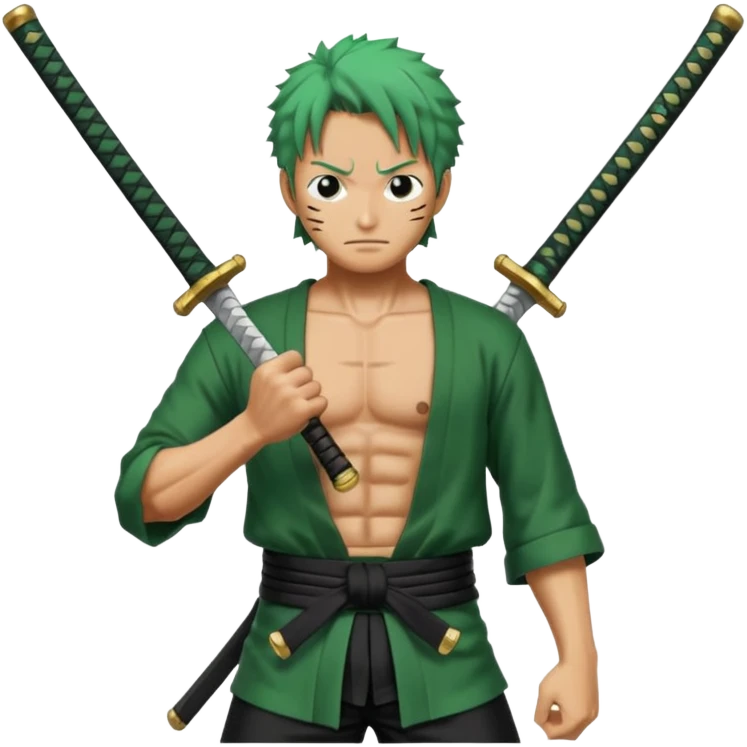 Has a zoro de one piece con sus tres katanas más epico en pocision de ataque y estilo anime  emoji