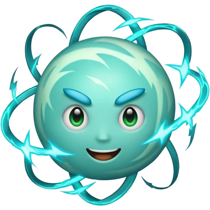 Uranus emoji in Apple-style, blue-green planet with swirling rings, big playful excited face, large clearly visible bold lightning bolt, bursting with electric chaotic energy emoji