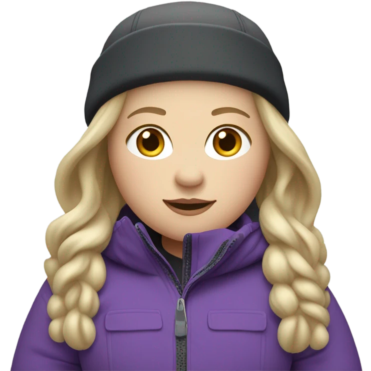 Chubby female long blonde hair skier with purpley-grey jacket and black pants showing whole body. emoji