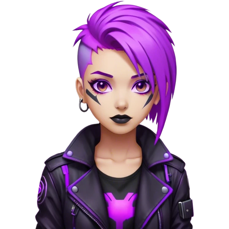 A cyberpunk hacker with neon purple hair, black leather jacket, and glowing screens. emoji