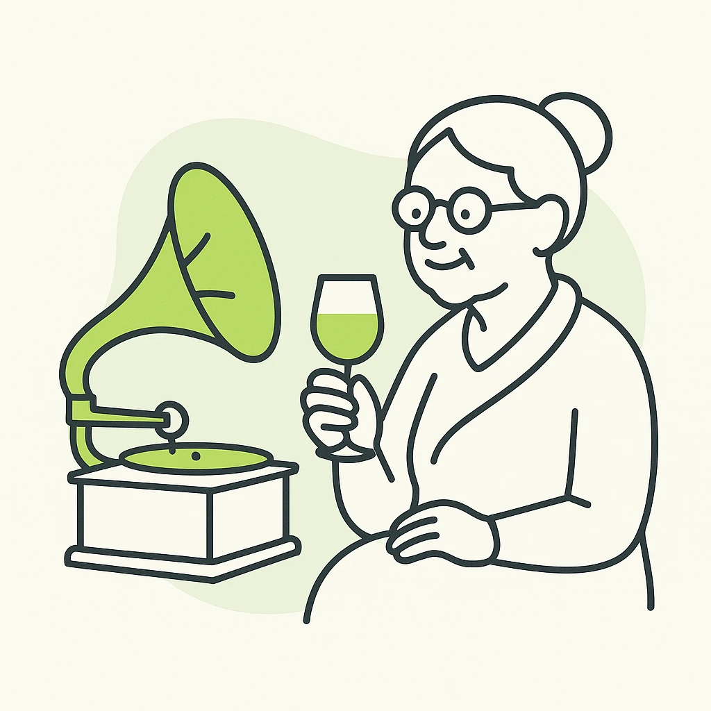 old lady with wineglass listening to gramophone emoji