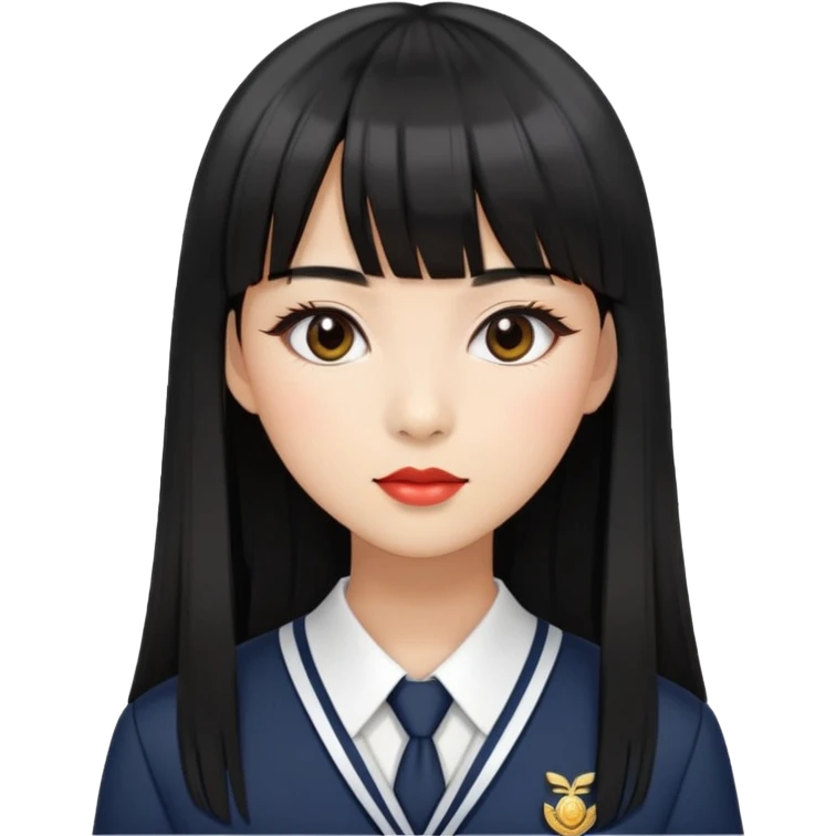 chic woman with Asian skin, black long straight bangs, wearing a school uniform, and makeup emoji