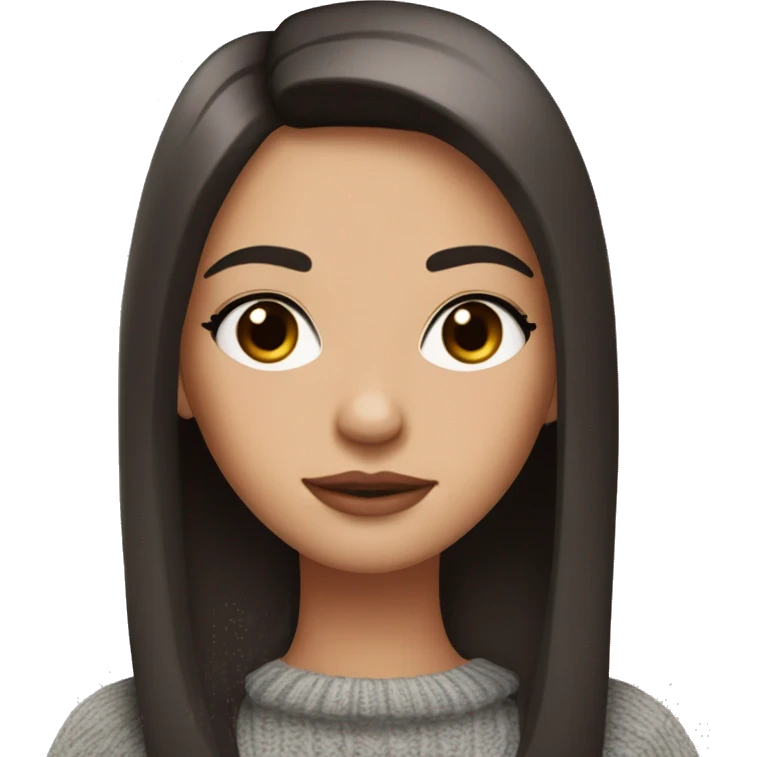 the girl has fair skin, dark straight hair, sweater, brown eyes, pink lips, long eyelashes emoji