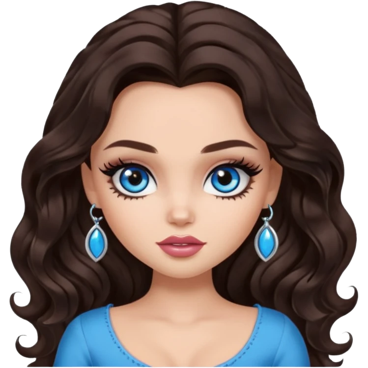 pretty bratz baddie, long dark brown wavy hair, pretty makeup, long lashes, pretty blue eyes emoji