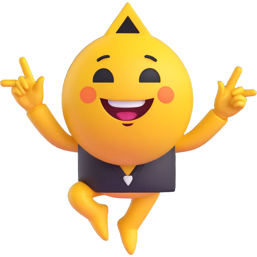 A 2D cartoon-style yellow emoji with a mischievous smile, triangle-shaped eyes, and both hands pointing upward with index fingers.  clean digital style, and a fun, dancing expression. Style similar to children’s drawing tutorials, dancing expression. No background, isolated on white.  emoji