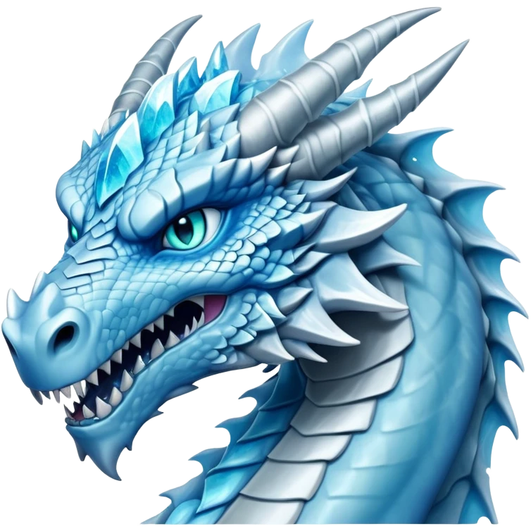 Cinematic Noble Fierce Ice Dragon Portrait Emoji, Poised and imposing, with a muscular, scaled body shimmering in glacial hues of icy blue, frostbitten silver, and crystalline white, and piercing, glowing eyes that radiate the chilling depths of an arctic storm; rendered in detail. emoji