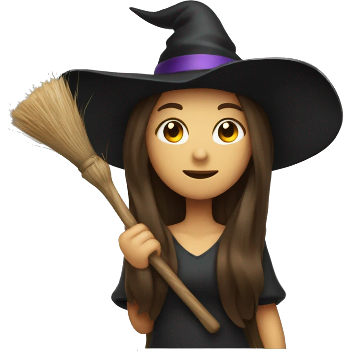 Witch with long brunette hair hat and and broom emoji