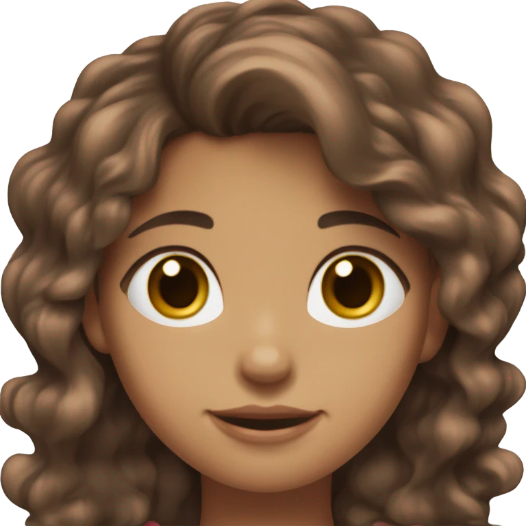 O rosto de uma jovem menina branca, de cabelo marrom escuro liso e ondulado, sorrindo, com um laço rosa de emoji na cabeça  emoji