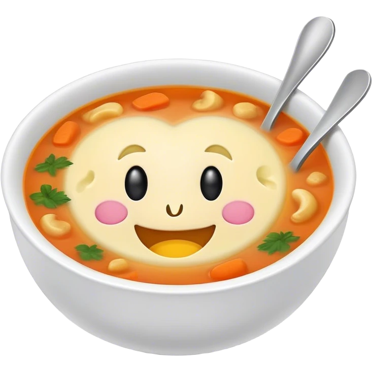 a bowl of soup with a happy face in the soup looking out emoji