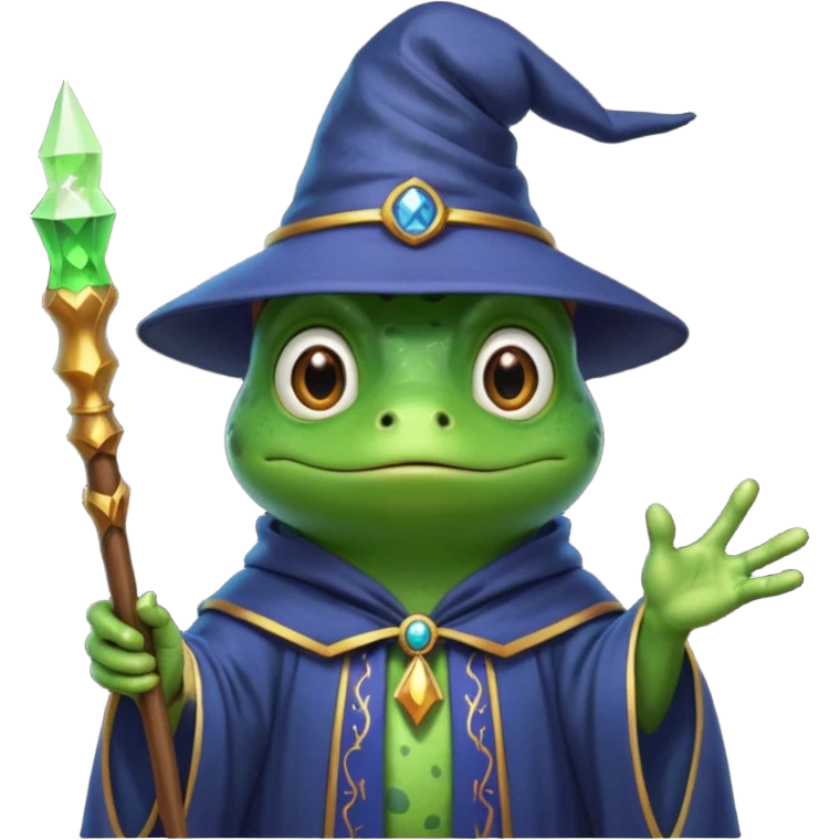 A smart frog in a hat and robes holds a pointer and with a smart face points out the mistake emoji