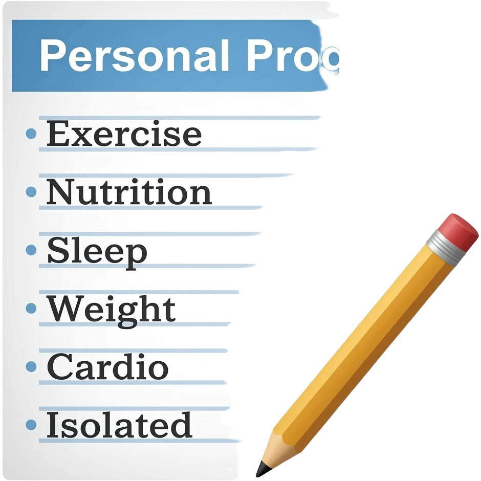 A gym workout plan, with a pencil in the corner and titled "Programme personnel" should clearly state the following: "- exercice - alimentation - sommeil - poids - cardio" emoji