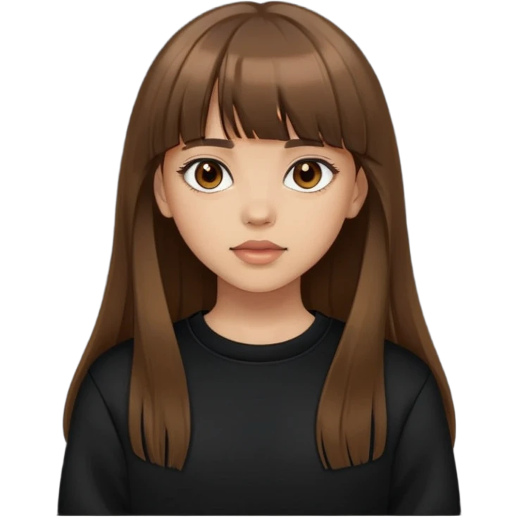 Light skinned girl with brown eyes, long brown hair with bangs, wearing a black sweatshirt emoji